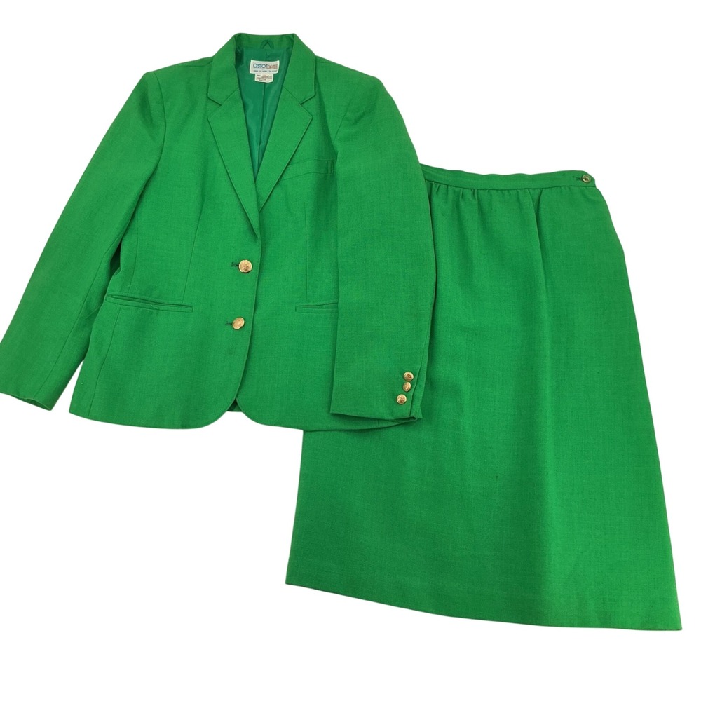 Vintage Skirt Suit Women 12 Green Rayon Blend Blazer A-Line Skirt Professional